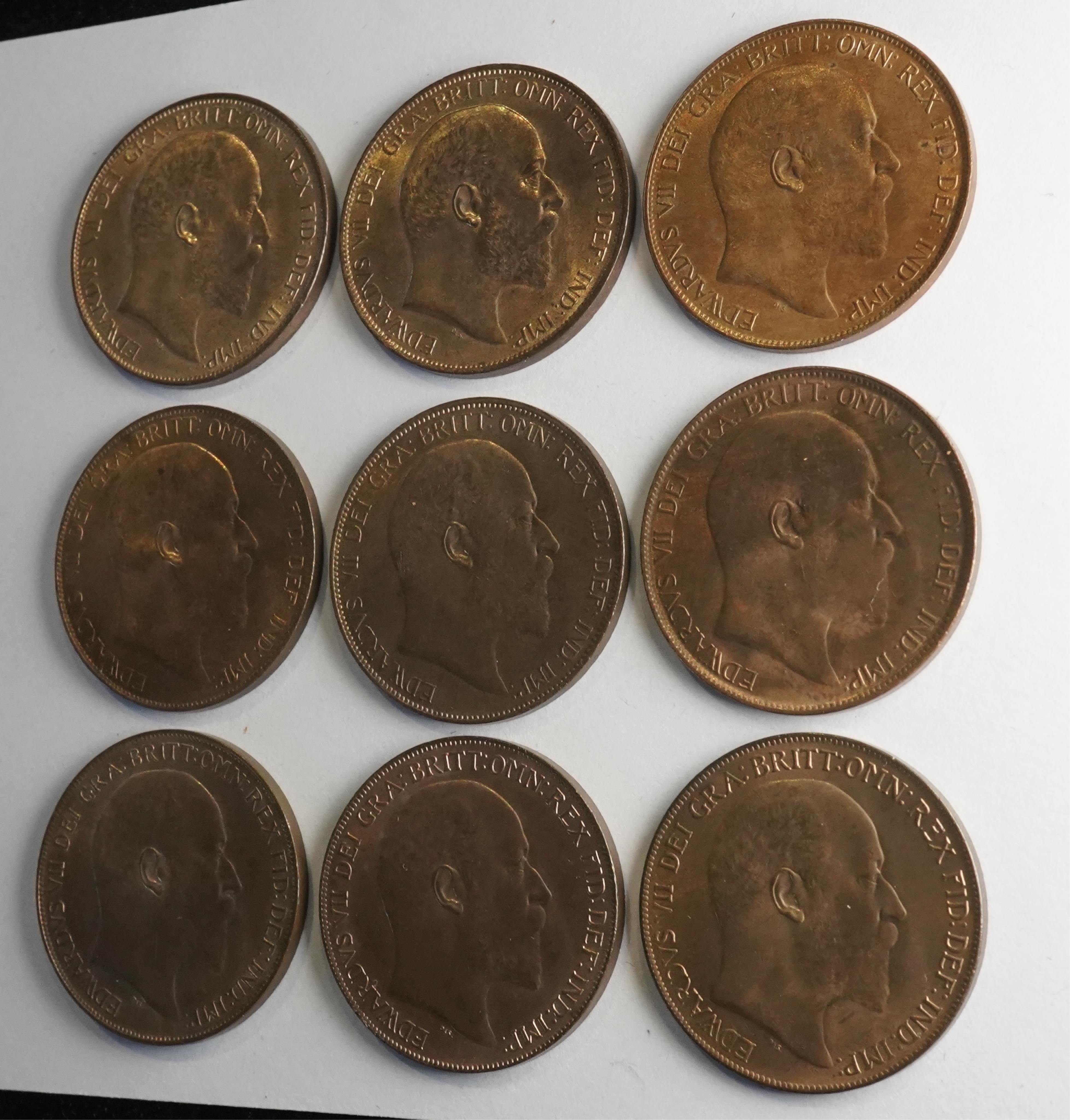 British coins, Edward VII, a date set of nine bronze pennies, 1902-1910;, 1902, Fr. 157, Gouby dies A/b, virtually as struck, UNC, full lustre, 1903, Fr. 158, Gouby dies A/b, virtually as struck, UNC, full lustre, 1904,